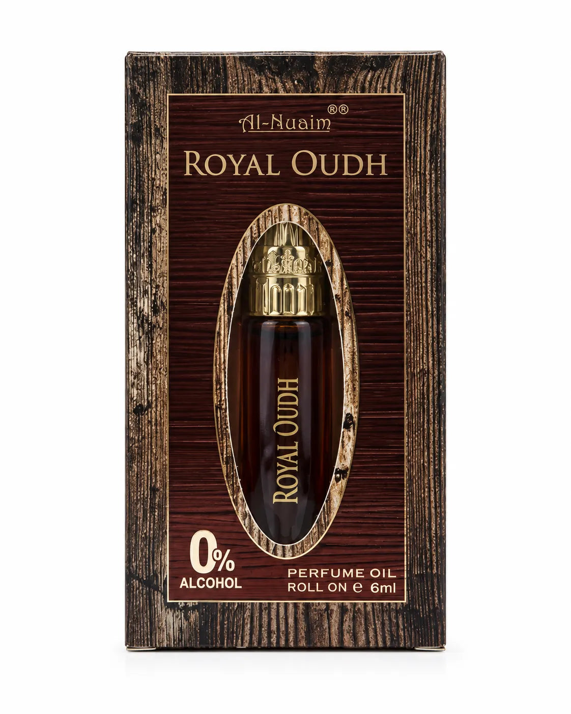 Al-Nuaim Royal Oudh 6ml roll-on attar in a red glass bottle with an ornate gold-coloured cap on a white background.
