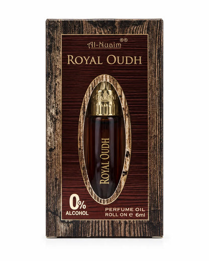 Al-Nuaim Royal Oudh 6ml roll-on attar in a red glass bottle with an ornate gold-coloured cap on a white background.