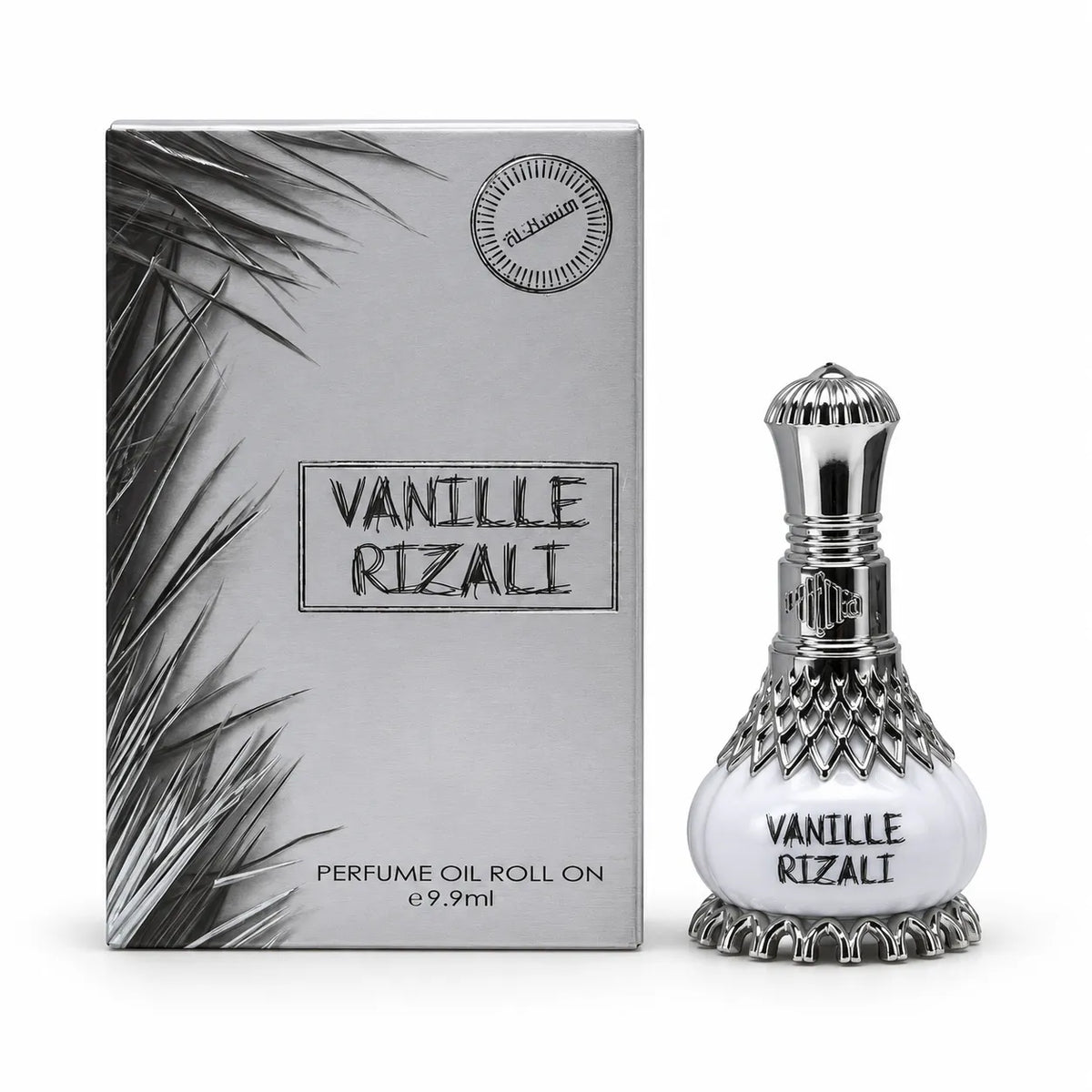 Al-Nuaim Vanille Rizali 9.9ml roll-on perfume oil in a white bottle with a silver-tone cap beside its silver-grey box.