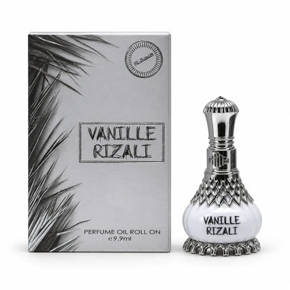 Al-Nuaim Vanille Rizali 9.9ml roll-on perfume oil in a white bottle with a silver-tone cap beside its silver-grey box.