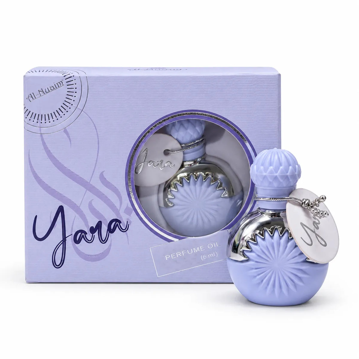 Al-Nuaim Yara Perfume Oil 6ml in a lavender-coloured and silver-tone decorative bottle beside its matching window presentation box.