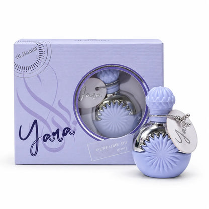 Al-Nuaim Yara Perfume Oil 6ml in a lavender-coloured and silver-tone decorative bottle beside its matching window presentation box.