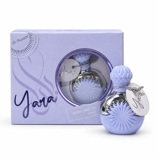 Al-Nuaim Yara Perfume Oil 6ml in a lavender-coloured and silver-tone decorative bottle beside its matching window presentation box.