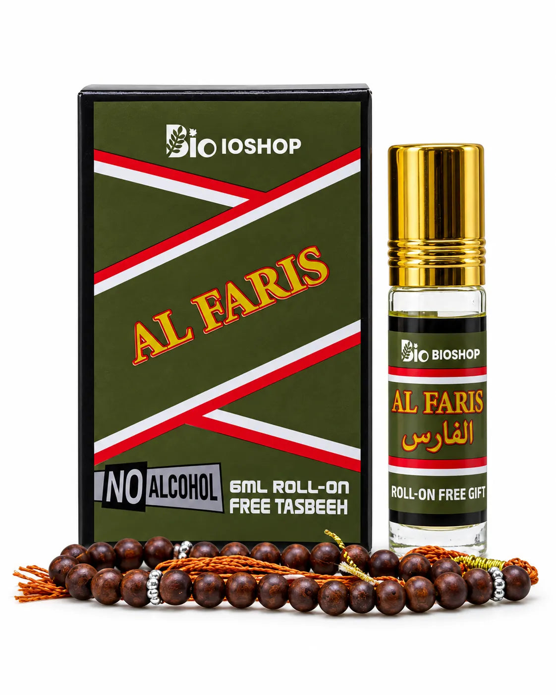 Bio Shop Al Faris 6ml roll-on attar with a gold-coloured cap, olive-green box with red-and-white stripes and brown tasbeeh.