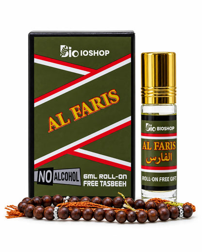 Bio Shop Al Faris 6ml roll-on attar with a gold-coloured cap, olive-green box with red-and-white stripes and brown tasbeeh.