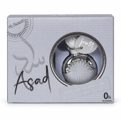 Al-Nuaim Asad 9.9ml roll-on attar in a white and silver bottle beside its matching presentation box.