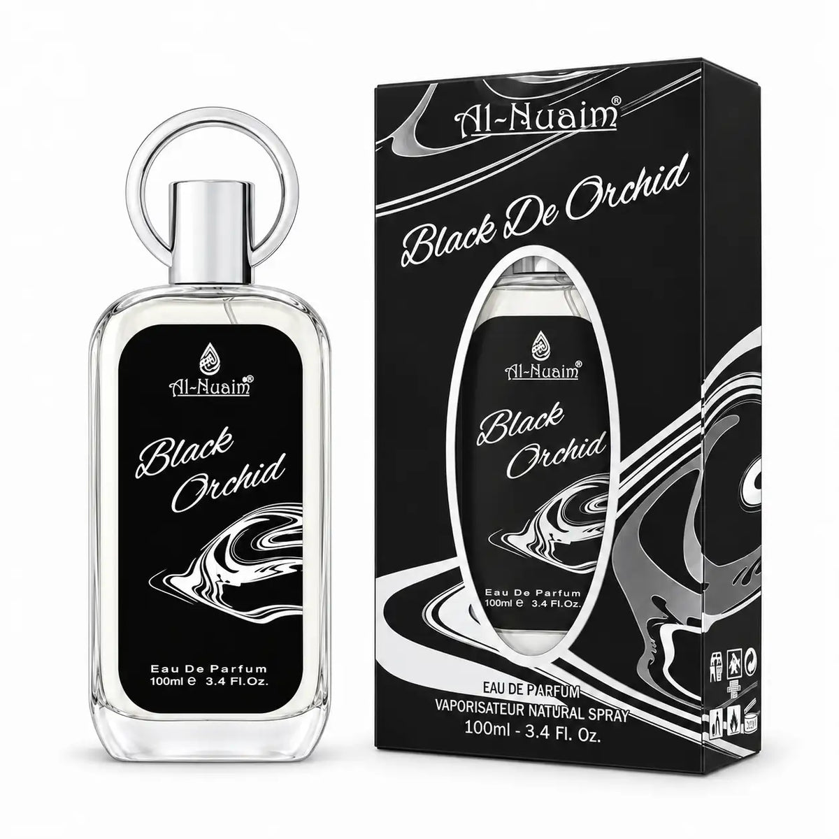 Al-Nuaim Black De Orchid 100ml perfume bottle on white background
