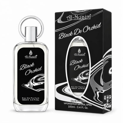 Al-Nuaim Black De Orchid 100ml perfume bottle on white background
