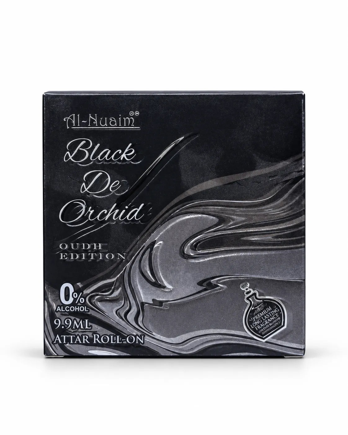 Al-Nuaim Black De Orchid Oudh Edition 9.9ml 0% alcohol attar roll-on with black bottle and black silver box