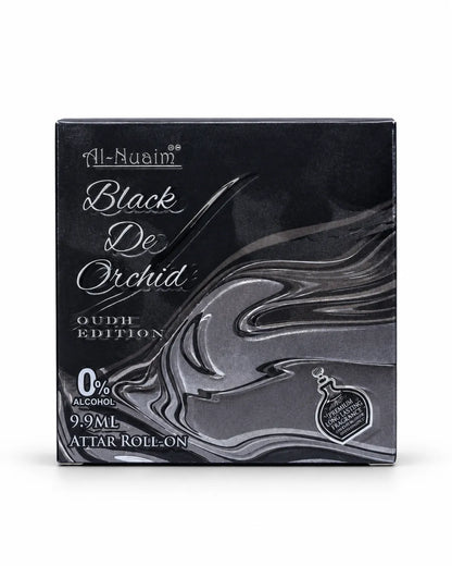 Al-Nuaim Black De Orchid Oudh Edition 9.9ml 0% alcohol attar roll-on with black bottle and black silver box