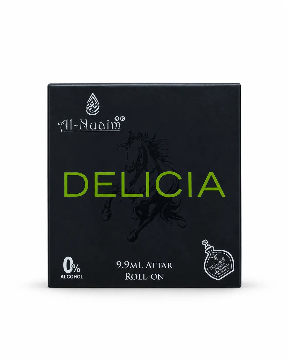 Al-Nuaim Delicia 9.9ml 0% alcohol attar roll-on with matte black bottle, black cap and matching black green fragrance box
