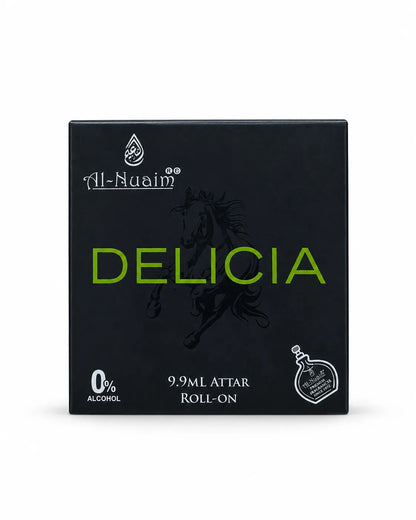 Al-Nuaim Delicia 9.9ml 0% alcohol attar roll-on with matte black bottle, black cap and matching black green fragrance box