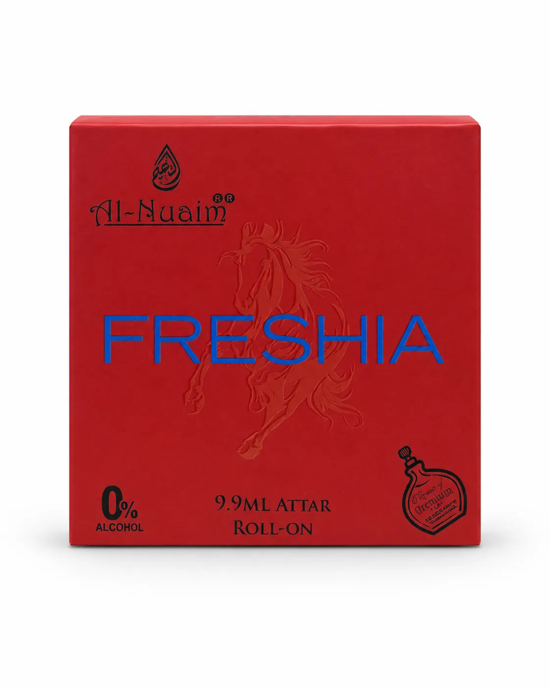 Al-Nuaim Freshia 9.9ml 0% alcohol attar roll-on red perfume oil packaging with blue Freshia branding
