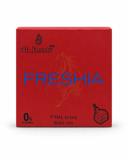 Al-Nuaim Freshia 9.9ml 0% alcohol attar roll-on red perfume oil packaging with blue Freshia branding