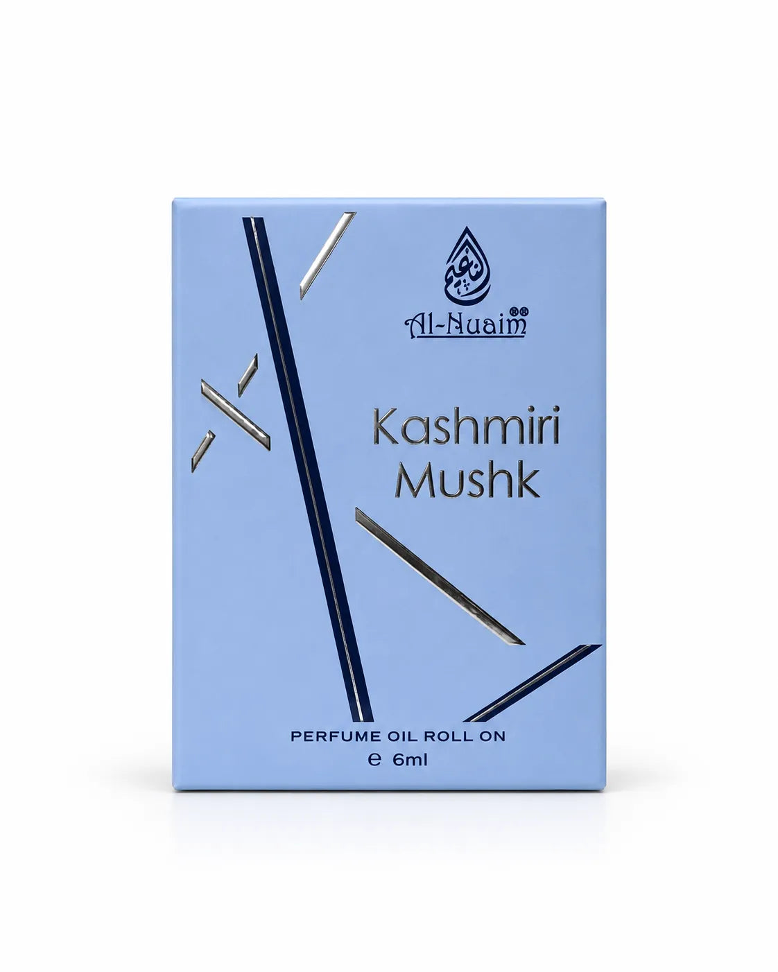 Al-Nuaim Kashmiri Mushk 6ml perfume oil roll-on in light blue box with metallic silver detailing