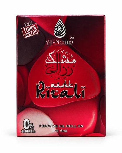 Al-Nuaim Mushk Rizali 6ml alcohol-free perfume oil Tohfa Series retail box in red and maroon.