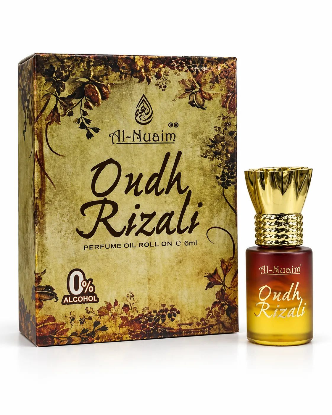 Al-Nuaim Oudh Rizali 6ml perfume oil bottle with ornamental gold cap and vintage floral retail box.