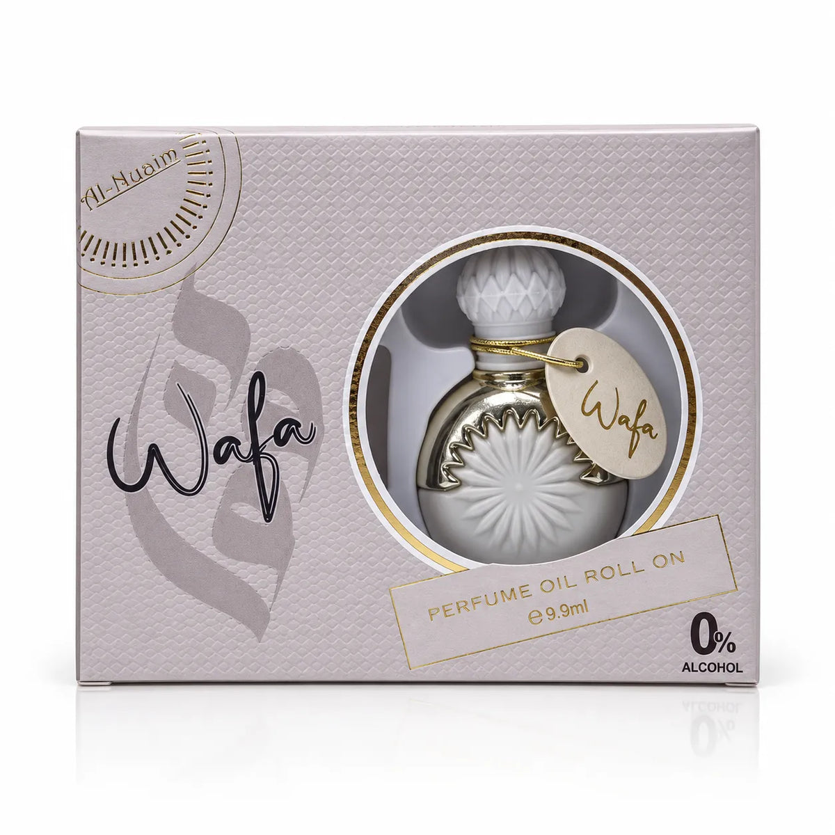 1. Al-Nuaim Wafa 9.9ml perfume oil in decorative white and gold packaging with a circular window.