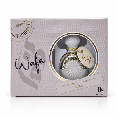 1. Al-Nuaim Wafa 9.9ml perfume oil in decorative white and gold packaging with a circular window.