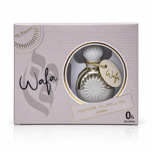 1. Al-Nuaim Wafa 9.9ml perfume oil in decorative white and gold packaging with a circular window.