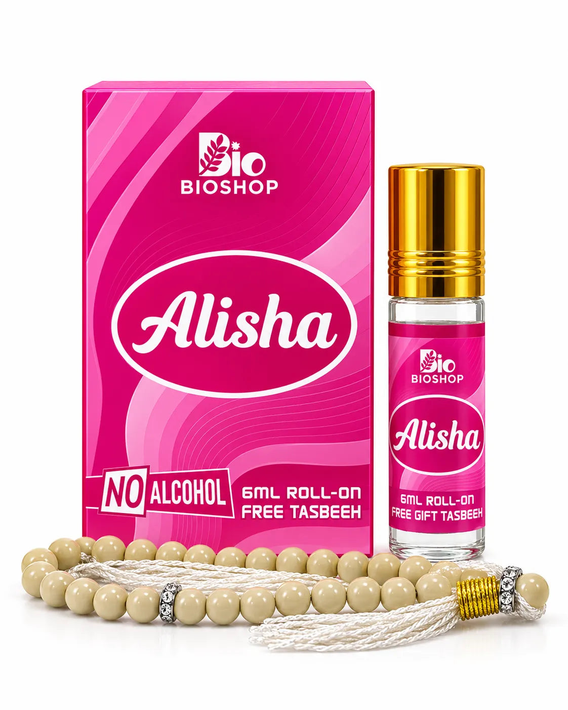 Bio Shop Alisha 6ml alcohol-free roll-on perfume with pink box golden cap and cream tasbeeh