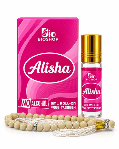 Bio Shop Alisha 6ml alcohol-free roll-on perfume with pink box golden cap and cream tasbeeh