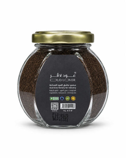 Saudi Arabian Aloud Alnaadir bakhoor in round glass jar with gold lid