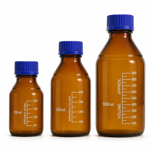 Amber glass bottles 250ml 500ml 1000ml with blue GL45 caps for perfume maceration — Bio Shop Pakistan