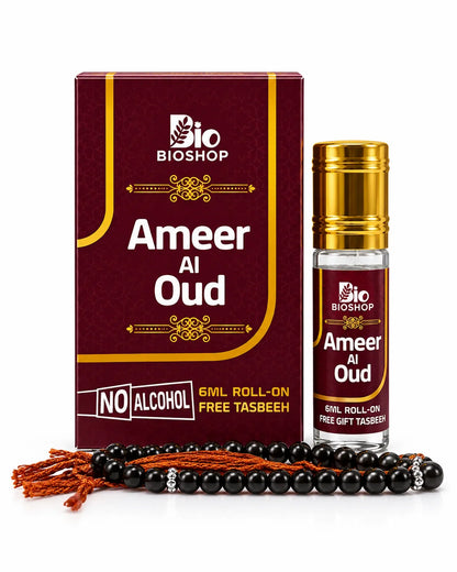 Bio Shop Ameer Al Oud 6ml alcohol-free roll-on attar with burgundy-gold box golden-cap bottle and black tasbeeh
