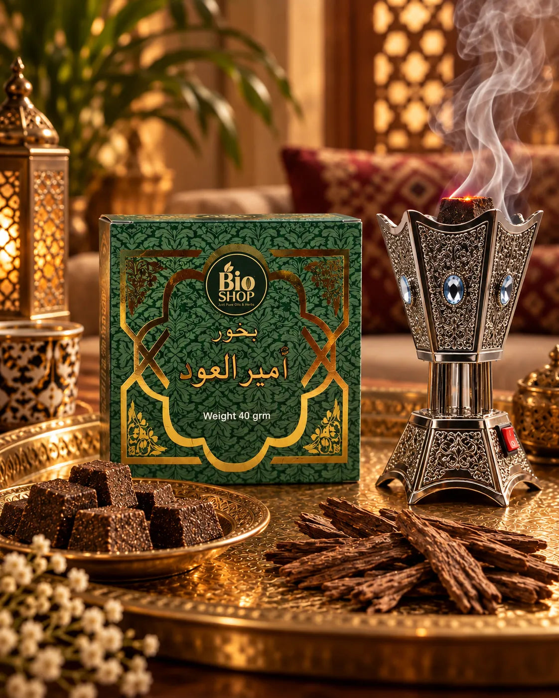 Ameer Al Oud green and gold bakhoor box with electric incense burner