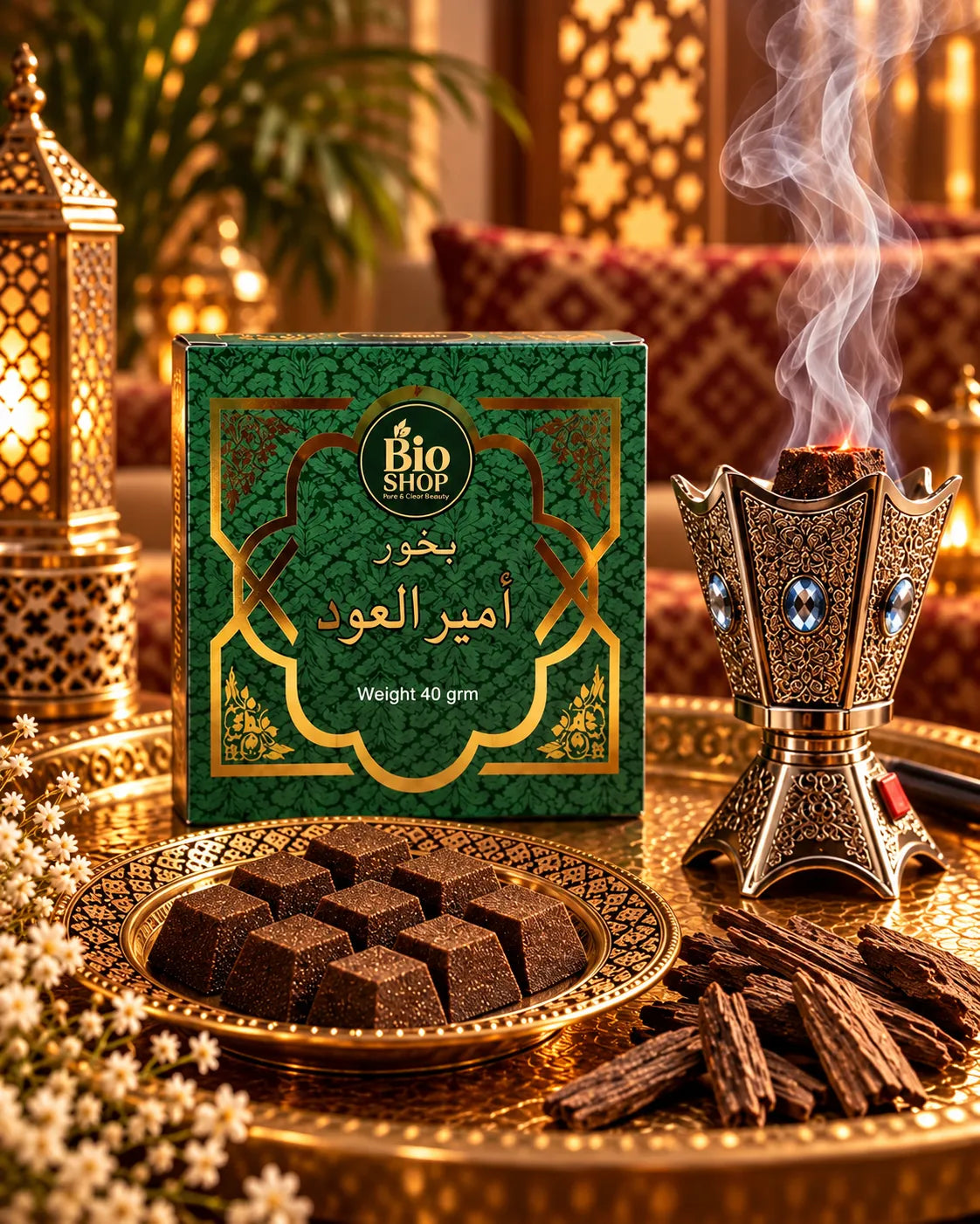 Ameer Al Oud green and gold bakhoor box with electric incense burner