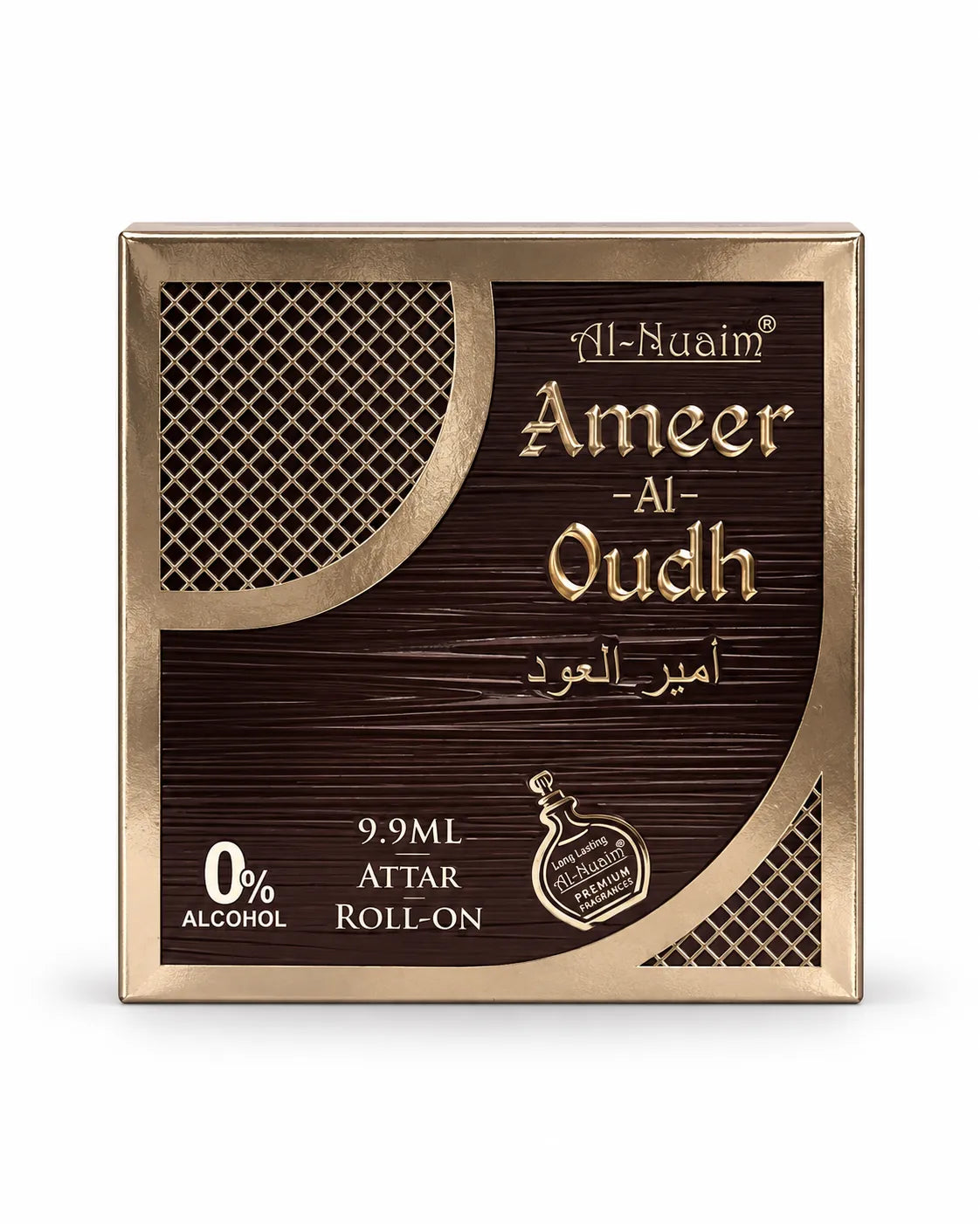 Al-Nuaim Ameer Al Oudh 9.9ml 0% alcohol attar roll-on perfume oil with brown gold box and matching bottle