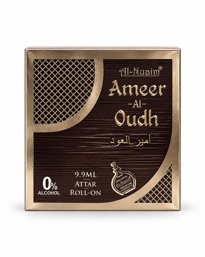 Al-Nuaim Ameer Al Oudh 9.9ml 0% alcohol attar roll-on perfume oil with brown gold box and matching bottle