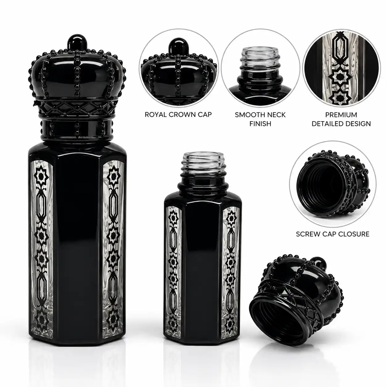 3ml and 12ml glossy black Arabic attar bottles with royal crown caps and silver patterned panels