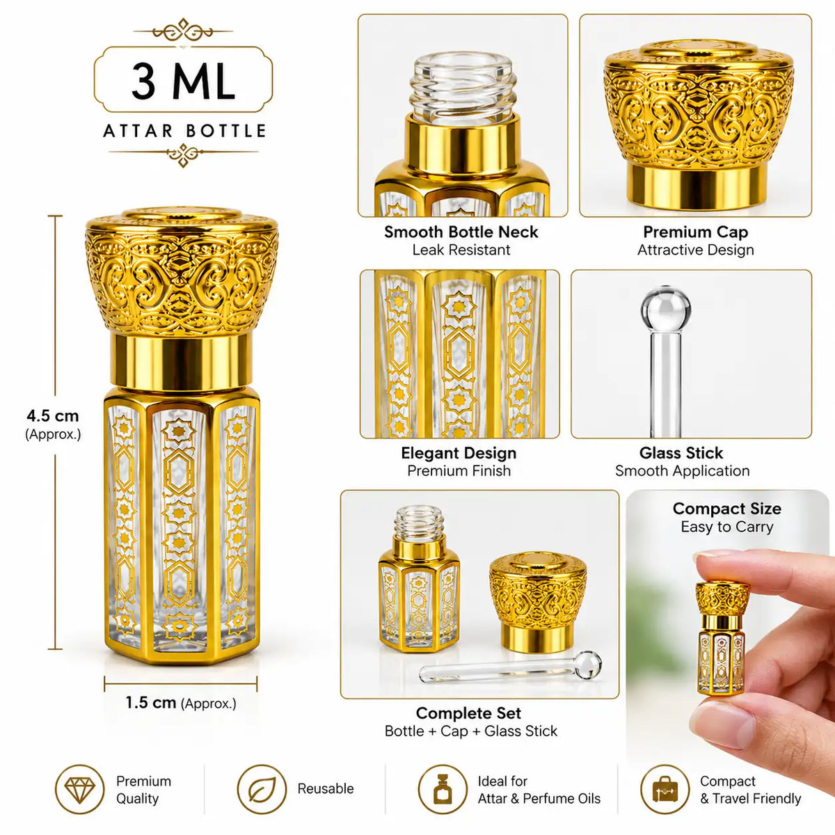 Gold and silver empty attar bottles with glass stick Pakistan