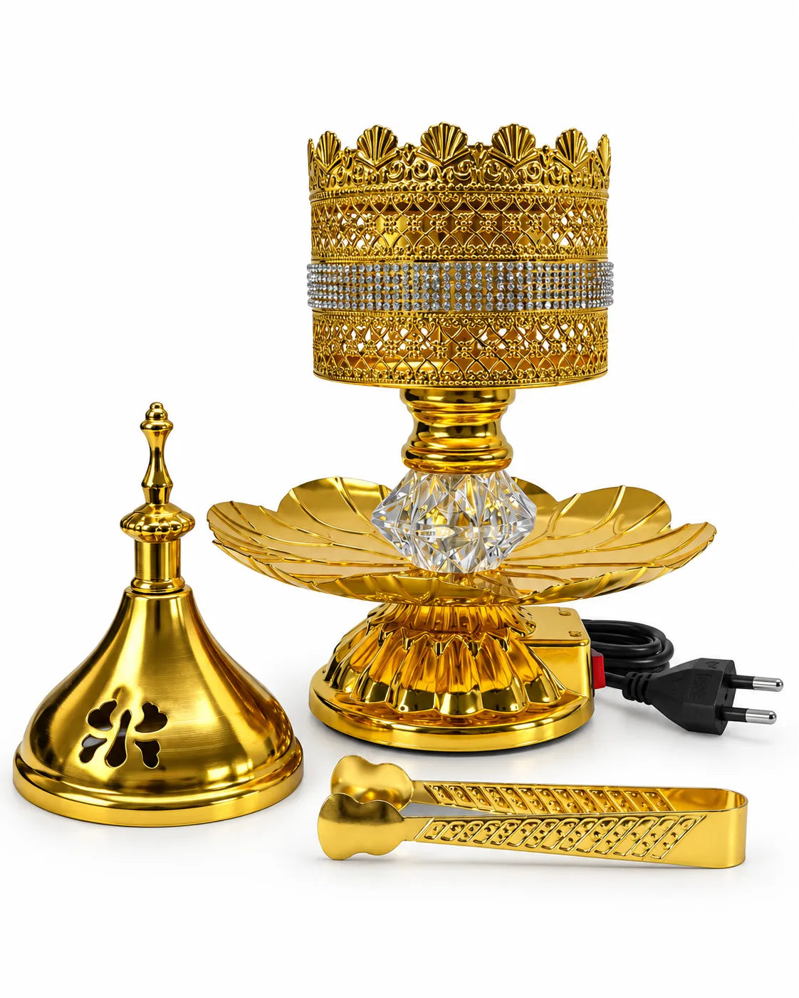 Premium Arabic electric bakhoor burner set with ornate golden body and crystal-style detailing