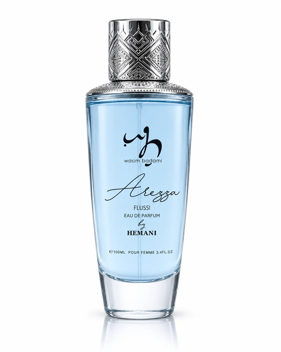 Hemani Arezza Flussi women perfume with light blue bottle and silver cap
