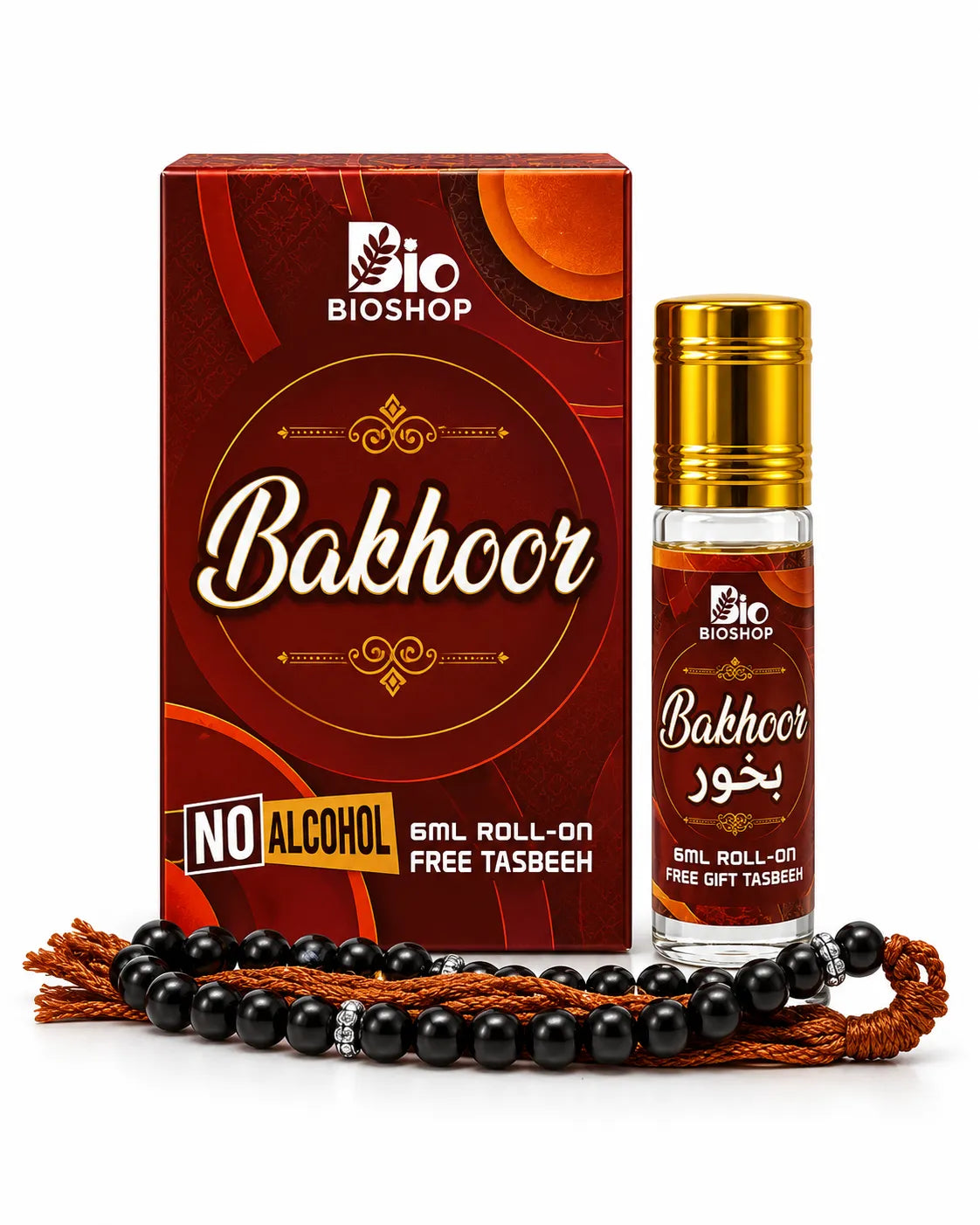 Bio Shop Bakhoor 6ml alcohol-free roll-on perfume in deep-red box with gold-cap bottle and black tasbeeh