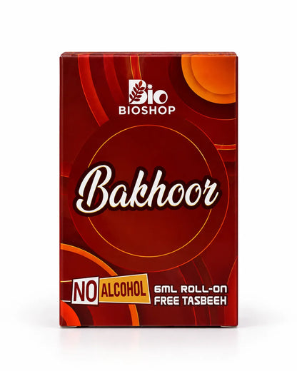 Bakhoor attar gift set with decorated red fragrance packaging, 6ml roll-on bottle and prayer beads