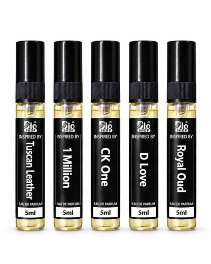 Bio Shop Signature Five luxury perfume tester gift set featuring Tuscan Leather, 1 Million, CK One, D Love and Royal Oud inspired fragrances in five 5ml spray bottles.
