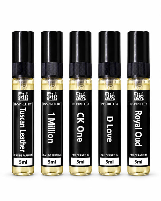 Bio Shop Signature Five luxury perfume tester gift set featuring Tuscan Leather, 1 Million, CK One, D Love and Royal Oud inspired fragrances in five 5ml spray bottles.