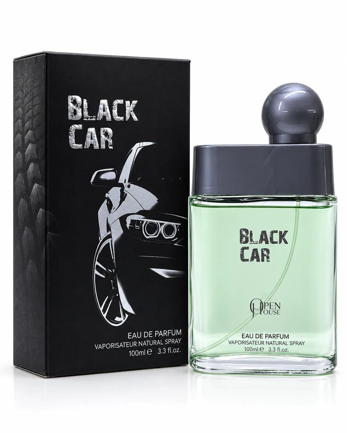 Black Car 100ml perfume transparent glass bottle with distressed black branding on white background
