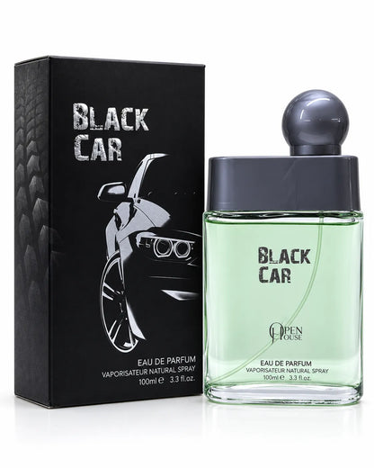 Black Car 100ml perfume transparent glass bottle with distressed black branding on white background