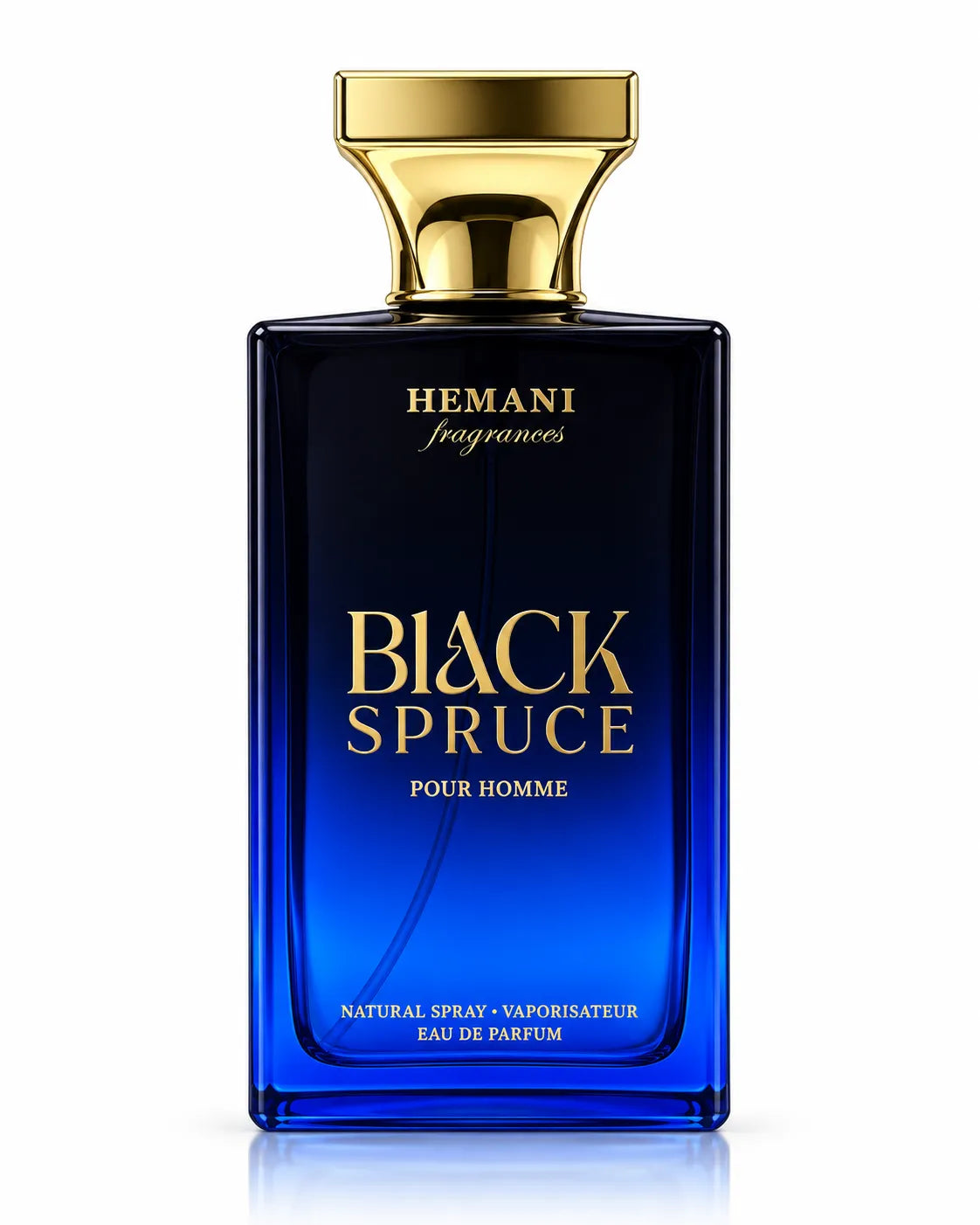 Hemani Black Spruce Pour Homme blue perfume bottle with gold cap