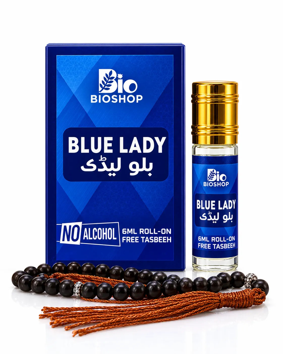 Bio Shop Blue Lady 6ml alcohol-free roll-on attar with royal-blue box, gold-cap bottle and black tasbeeh.