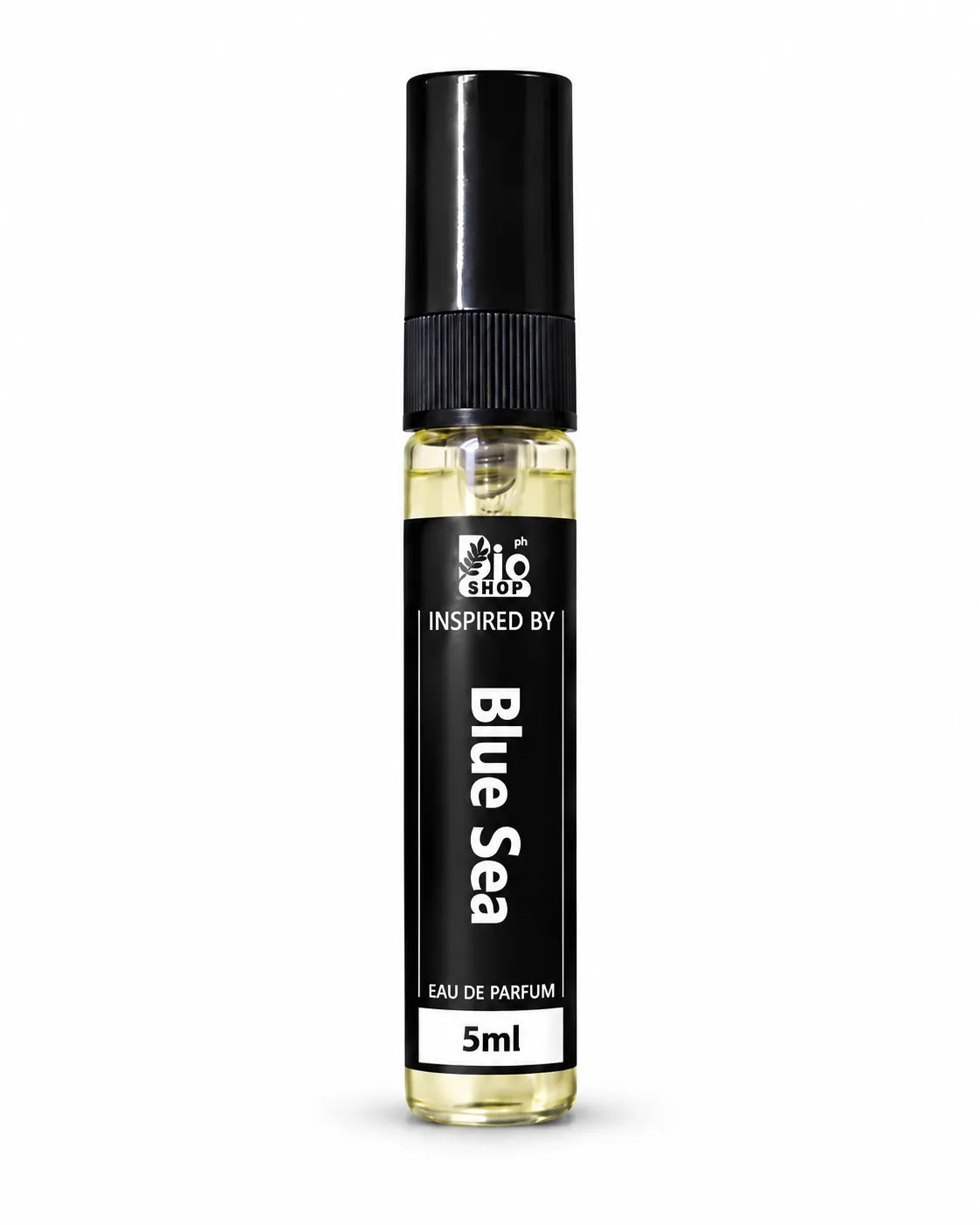 Blue Sea inspired perfume 5ml spray bottle by Bio Shop on plain white background