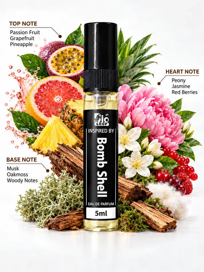 Bomb Shell inspired fruity floral mini perfume spray 5ml on white background by Bio Shop