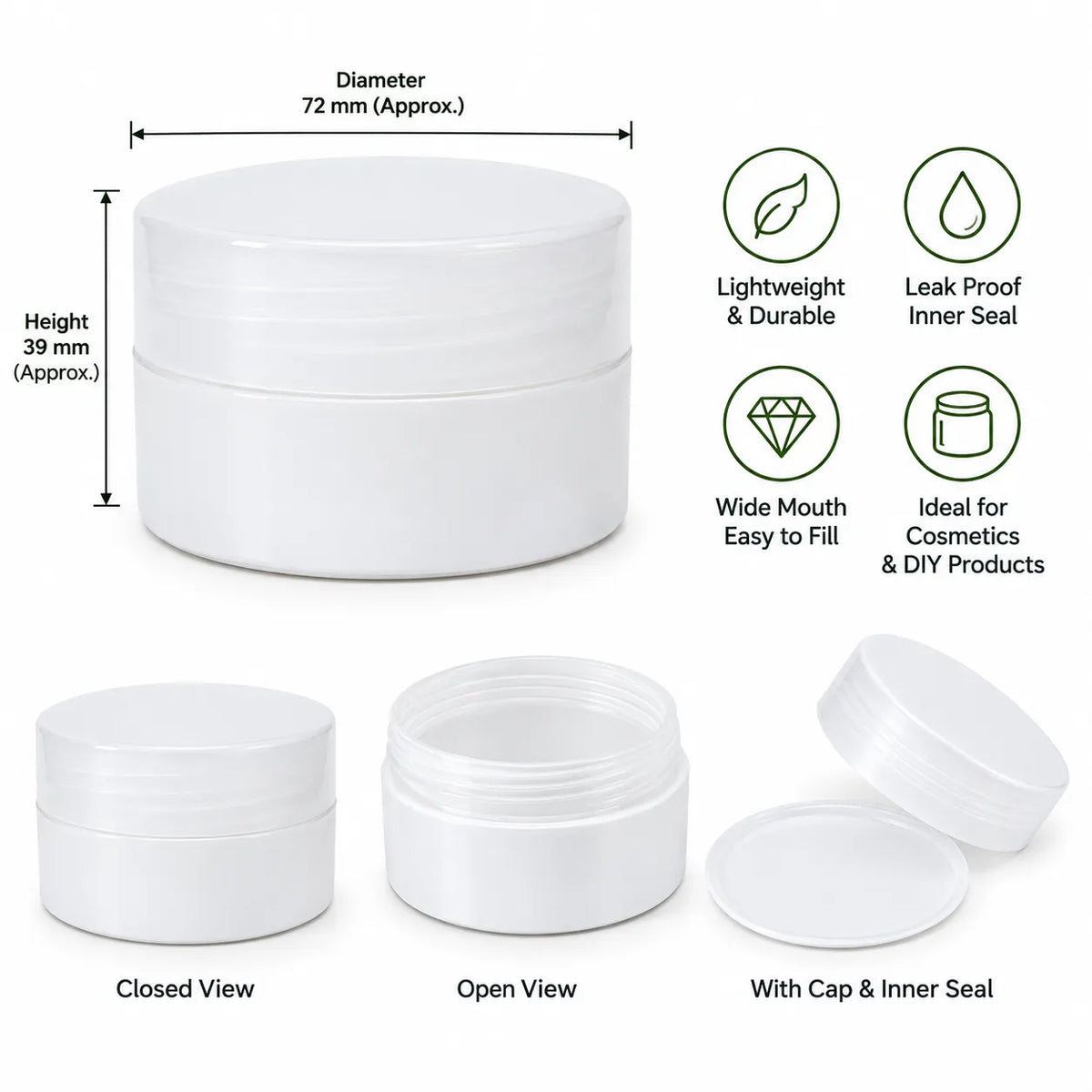 100gm wide mouth cosmetic jar with removable inner sealing disc