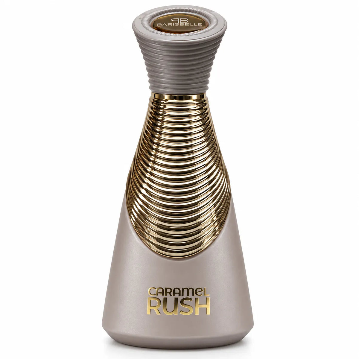 ParisBelle Caramel Rush taupe grey and metallic gold perfume bottle