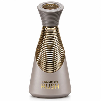 ParisBelle Caramel Rush taupe grey and metallic gold perfume bottle